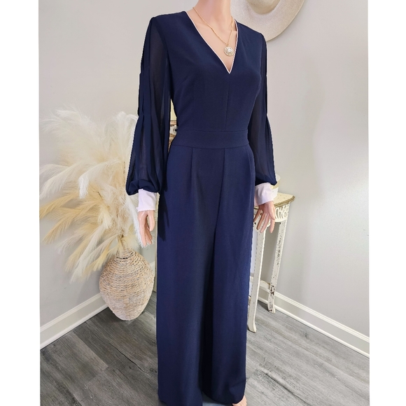 Harper Rose Formal Navy Blue Crepe Georgette Long Sleeve Jumpsuit Size 12 NWT - Picture 1 of 7
